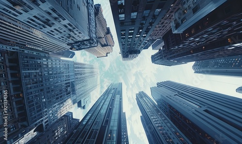 Wide-angle cityscape, exaggerated perspective, towering buildings, urban sprawl