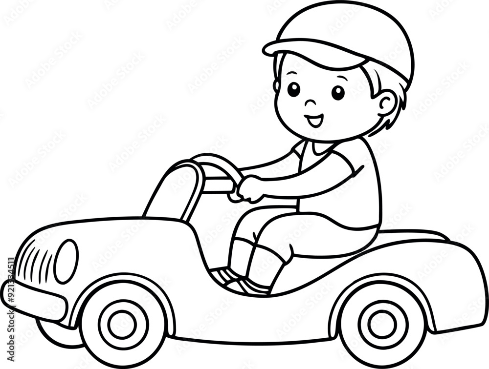 Fototapeta premium Cute Child Driving a Toy Car Coloring Page