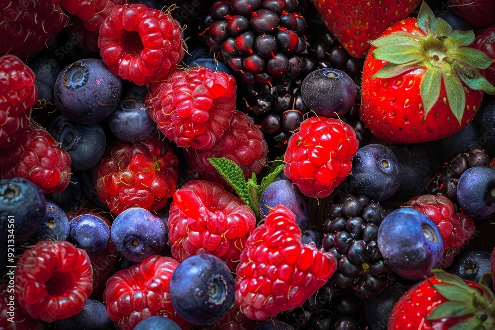 Close up of assorted juicy berries and raspberries with vibrant colors and textures, Juicy berries bursting with color and flavor, ready to be blended into a smoothie Close up of assorted juicy berries and raspberries with vibrant colors and textures, Juicy berries bursting with color and flavor, ready to be blended into a smoothie