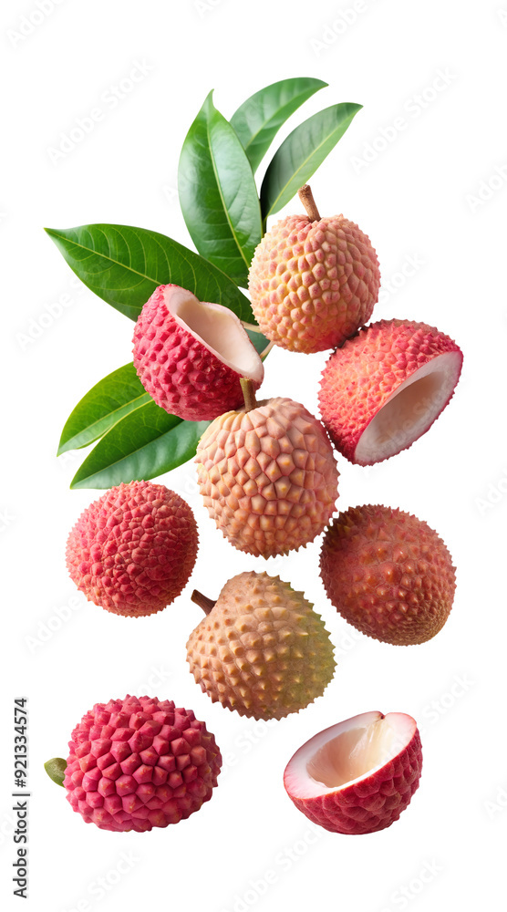 Fresh lychees with leaves on white background, PNG isolated transparent Fresh lychees with leaves on white background, PNG isolated transparent