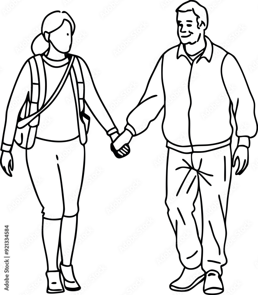 Hand Drawn Illustration of Couple Walking Together Hand Drawn Illustration of Couple Walking Together