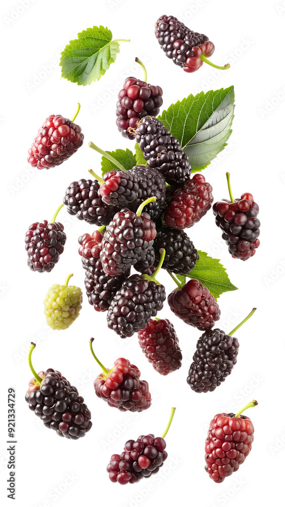 Floating mulberries with leaves, PNG isolated transparent Floating mulberries with leaves, PNG isolated transparent