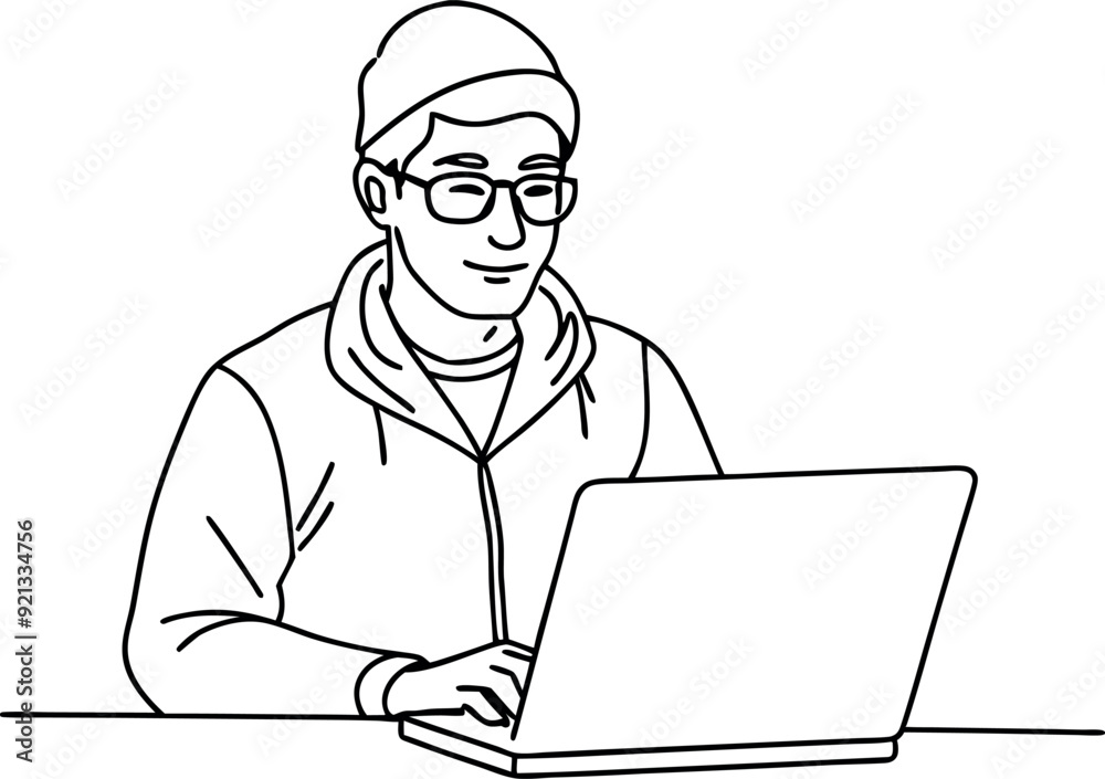 Illustration of Man Working on Laptop with Beanie and Glasses Illustration of Man Working on Laptop with Beanie and Glasses