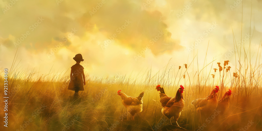 Fototapeta premium Child in Hat Watching Chickens in Golden Field at Sunset