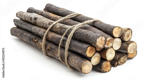 Bundle of firewood tied with twine, ready for use in outdoor activities