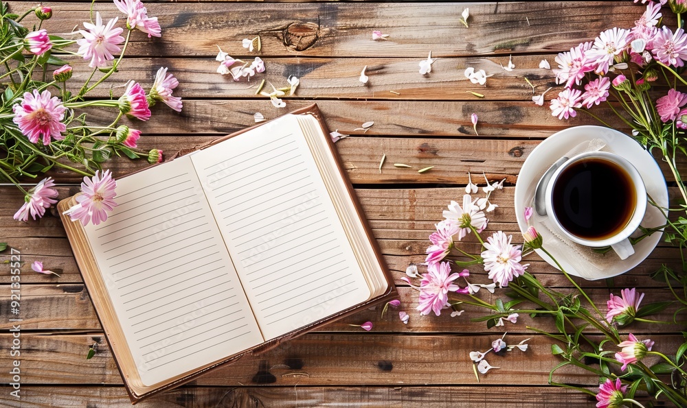 Wiring In A New Notebook On A Wood Desk Near Coffee And Flowers