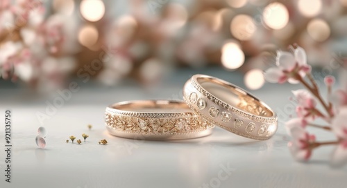 Elegant Wedding Rings With Floral Accents Against a Soft Background