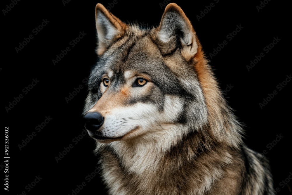 Photo of a wolf isolated against a black background, emphasising the wolf's majestic features. Wildlife and conservation concept, space for copy. Photo of a wolf isolated against a black background, emphasising the wolf's majestic features. Wildlife and conservation concept, space for copy.