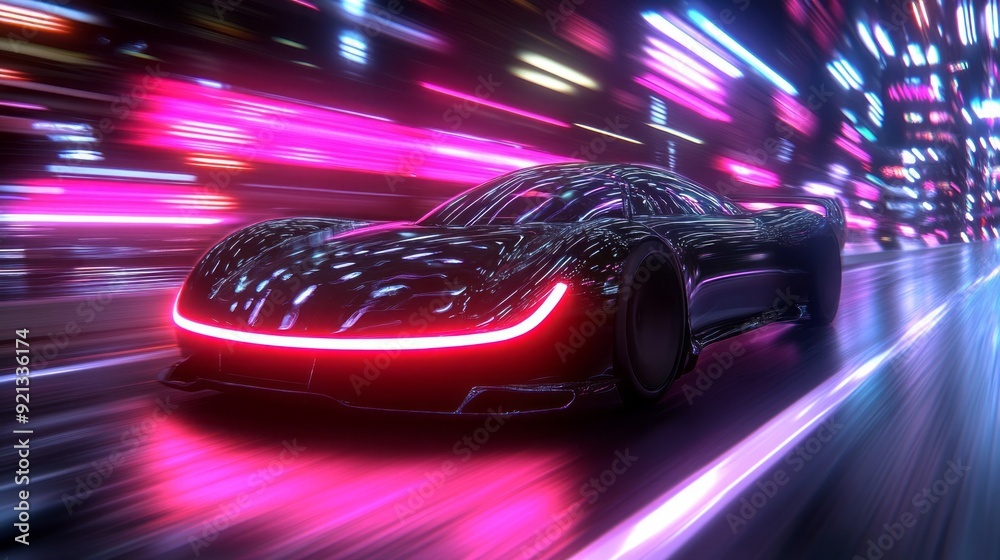 A sleek black car speeds through a neon-lit city street at night, showcasing dynamic lighting effects and a futuristic design A sleek black car speeds through a neon-lit city street at night, showcasing dynamic lighting effects and a futuristic design