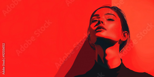Bold Artistic Portrait of Woman in Red Light with Dramatic Shadows and High Contrast