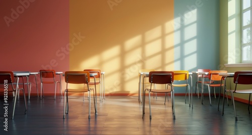 Brightly Colored Classroom With Orange and Blue Walls During Daylight