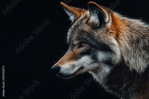 Photo of a wolf isolated against a black background, emphasising the wolf's majestic features. Wildlife and conservation concept, space for copy.