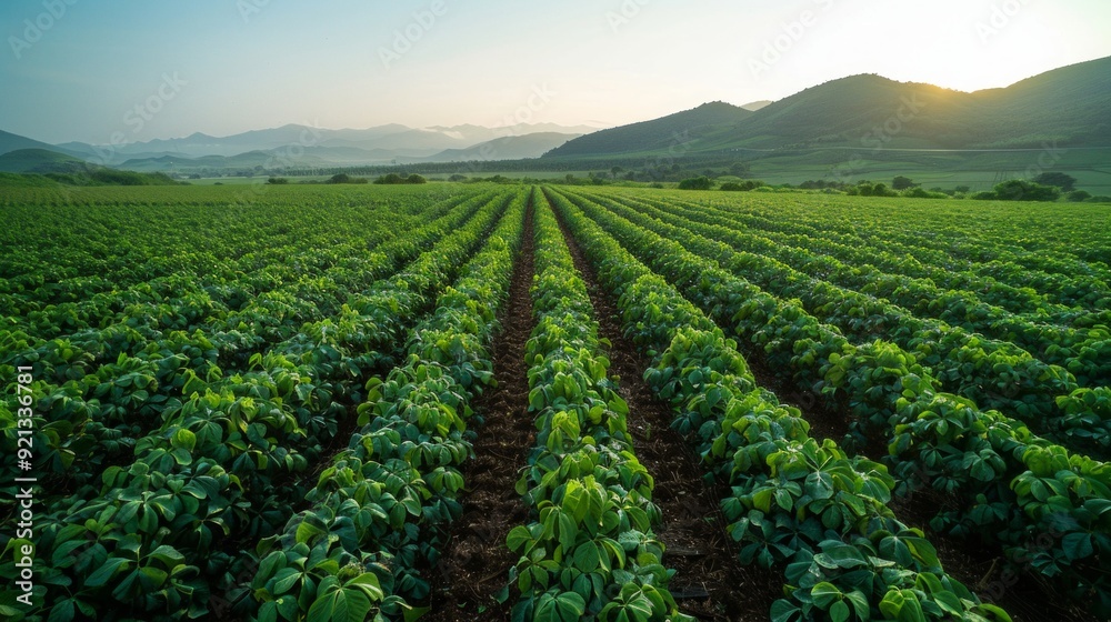 Aerial view of a huge, lush bean field with a clear blue sky in the background. Aerial view of a huge, lush bean field with a clear blue sky in the background.
