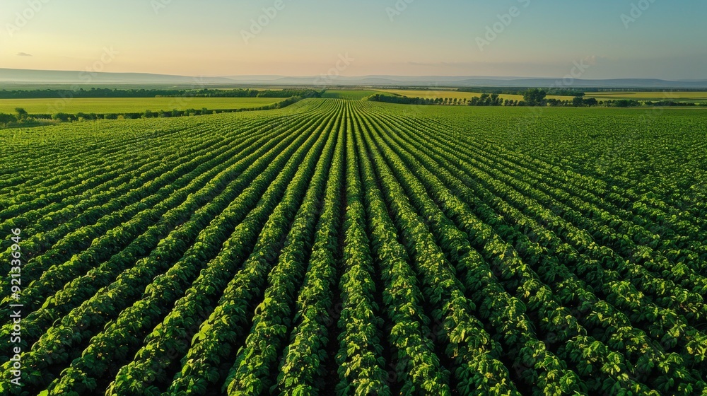 Aerial view of a huge, lush bean field with a clear blue sky in the background. Aerial view of a huge, lush bean field with a clear blue sky in the background.