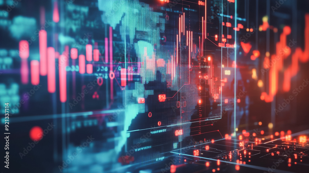 Fototapeta premium Abstract with pastel colorful charts and graphs with statistics to analyze business potential and forecast future development of companies growth. with word map.