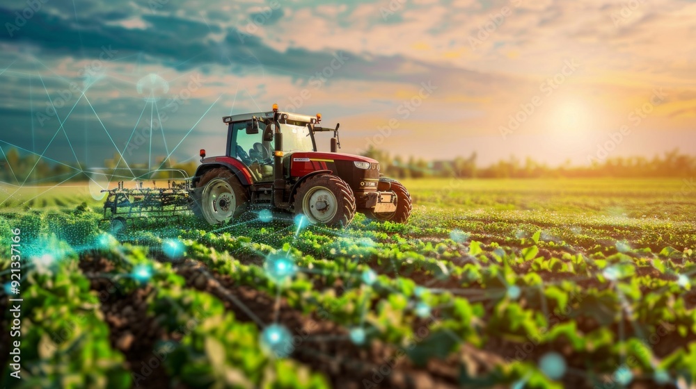 Fall agriculture fields with technology graphics. Concept of technology in agriculture