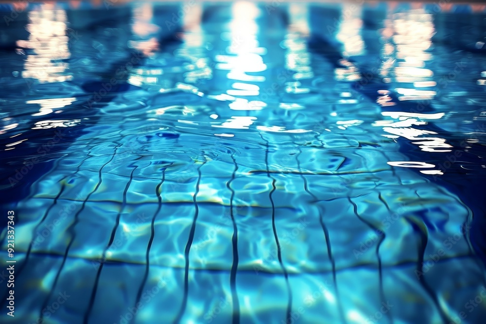 Fototapeta premium A swimming pool with lanes of blue water reflecting light, Lanes of shimmering blue water in a competition pool