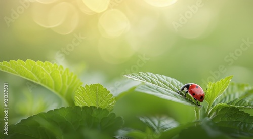 Ladybug Resting on Green Leaf in a Sunlit Garden