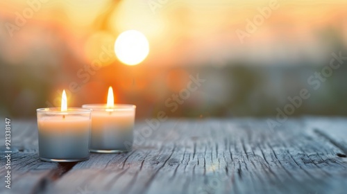 Tranquil Evening With Lit Candles on Weathered Wooden Table