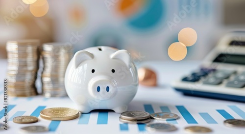 Piggy Bank on Financial Reports With Calculator and Coins in Office Setting