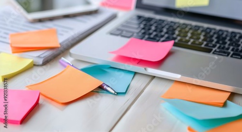 Colorful Sticky Notes on Wooden Desk Next to Laptop With Pens and Cup