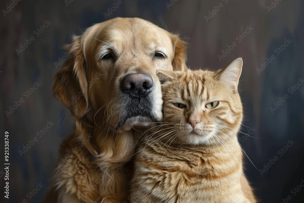 Golden Retriever and Ginger Cat Close-Up in Soft Evening Light Golden Retriever and Ginger Cat Close-Up in Soft Evening Light
