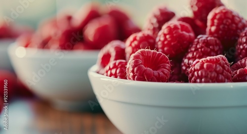 Fresh Raspberries in White Bowls on a Wooden Table