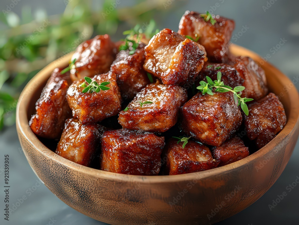 Bowl of glazed, caramelized pork belly cubes garnished with fresh herbs, ready to serve. Bowl of glazed, caramelized pork belly cubes garnished with fresh herbs, ready to serve.