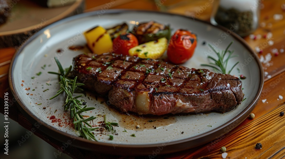A plate with a steak and vegetables on a wooden table showcasing Churrasco food