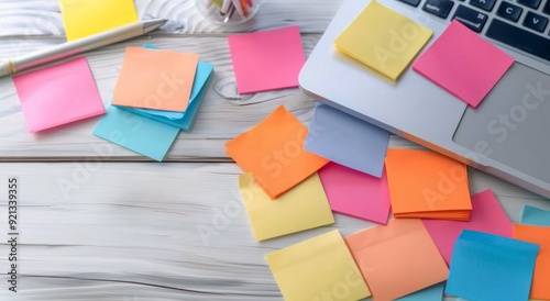 Colorful Sticky Notes on Wooden Desk Next to Laptop With Pens and Cup