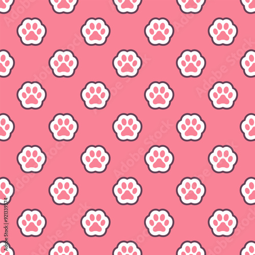 White cat's paws prints on pink background. Vector seamless pattern. Best for textile, wallpapers, wrapping paper, package and web design.