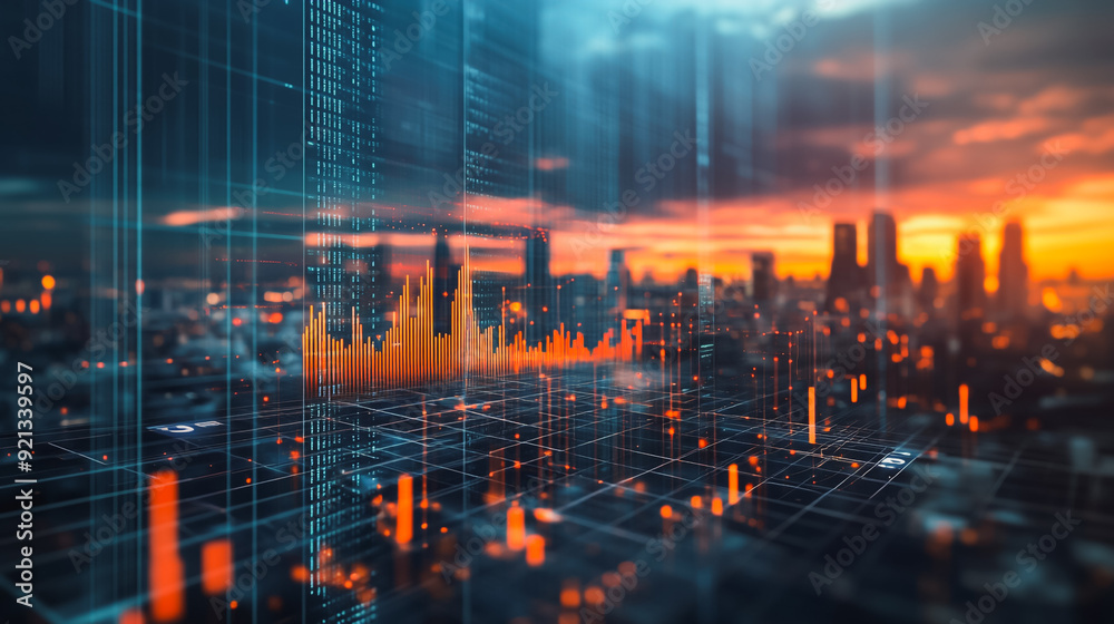 Fototapeta premium Smart digital city with connection network that is at the cutting edge of innovation in technology and business with bright, modern skyscrapers. Backgrounds for technology and charts and graphs