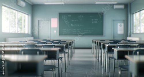 Empty Classroom With Green Walls and Desks During Daytime