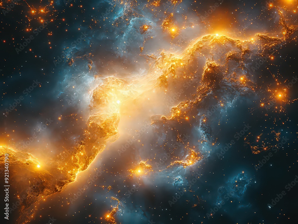 Naklejka premium vibrant image of a cosmic nebula with glowing stars and swirling gas clouds in space