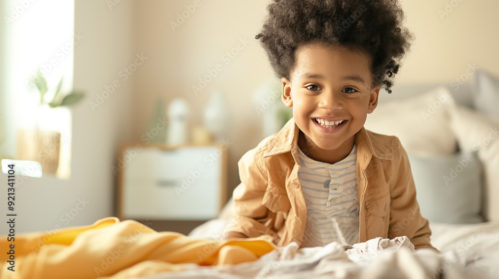 Fototapeta premium Adorable, joyful child is laughing happily while snuggled in their cozy bed, surrounded by soft blankets and a playful atmosphere