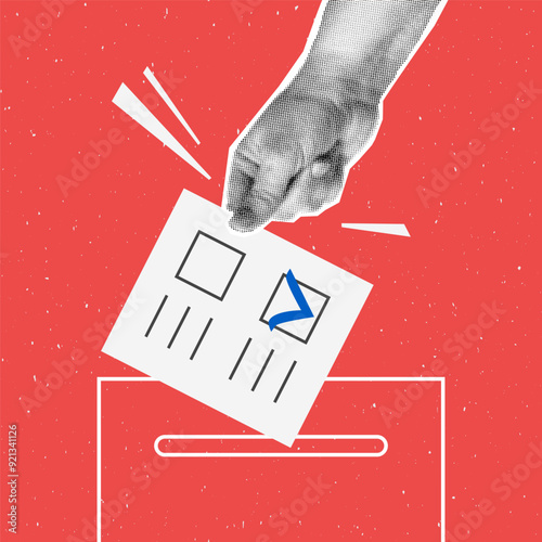 Collage with halftone hand puts down ballot on voting box. Election concept in pop art retro style. Design element for infographic, poster, website