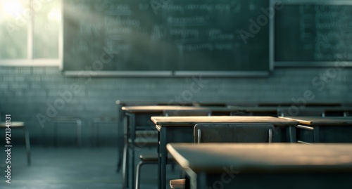 Classroom With Empty Desks During Morning Light in Educational Setting