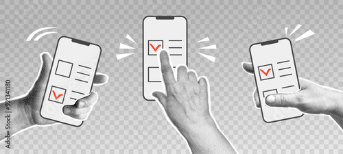 Collage with halftone hands holding phone and online election,  pushing voting button. Modern vector pop art retro style illustration. Design element for infographic, poster, website