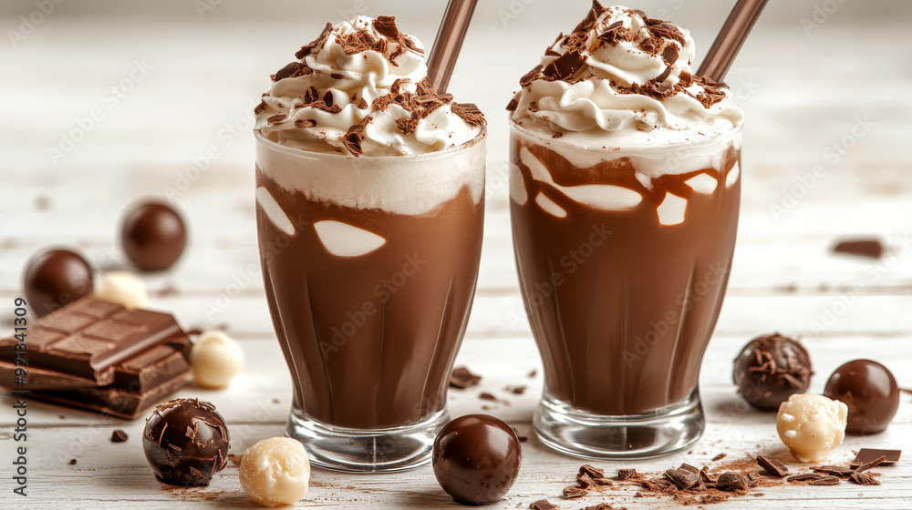 A chocolate milkshake in a plastic cup, isolated on a white background. The shake's rich, creamy texture is visible through the clear cup, which is typically topped with whipped cream A chocolate milkshake in a plastic cup, isolated on a white background. The shake's rich, creamy texture is visible through the clear cup, which is typically topped with whipped cream