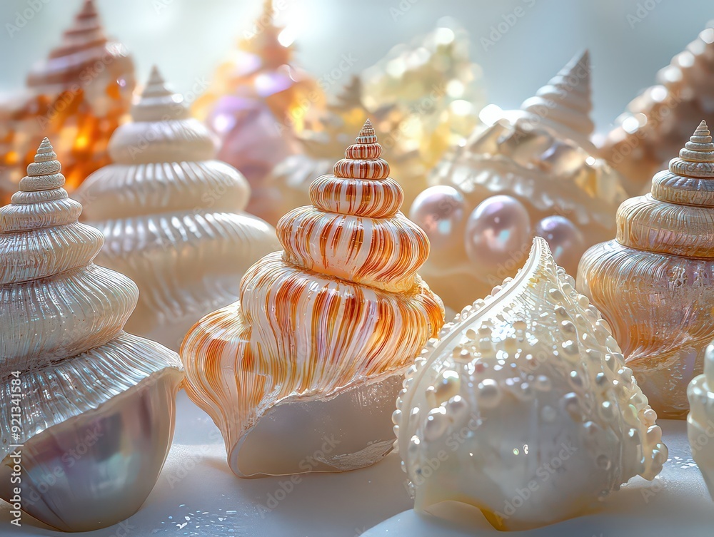 Shells with pearls used as ornamental pieces, often crafted into jewelry, home décor, or art objects. Shells with pearls used as ornamental pieces, often crafted into jewelry, home décor, or art objects.