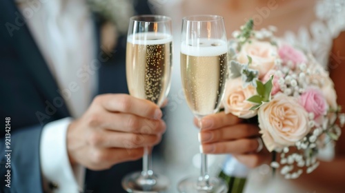 Couple Toasting With Champagne and Bouquet at Outdoor Wedding Ceremony