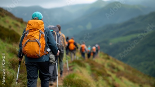 Hiking Adventure in Lush Mountains at Sunrise With Group of Explorers