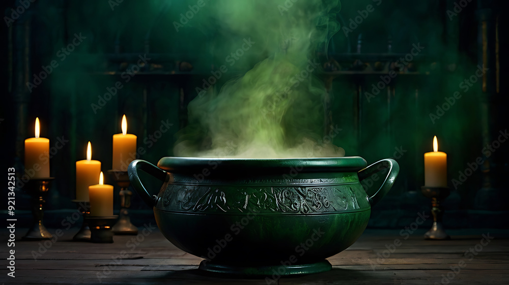 Green potion brewing in a magical witch's cauldron, halloween illustration of witchcraft, green potion and foggy background Green potion brewing in a magical witch's cauldron, halloween illustration of witchcraft, green potion and foggy background