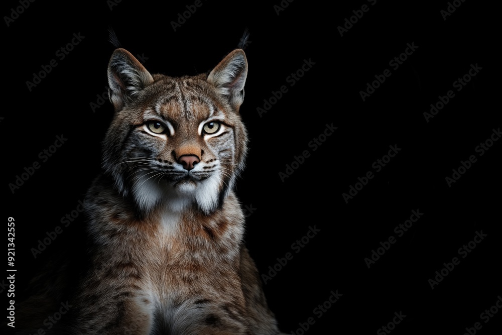 Photo of a lynx isolated against a black background, emphasising the lynx's majestic features. Wildlife and conservation concept, space for copy. Photo of a lynx isolated against a black background, emphasising the lynx's majestic features. Wildlife and conservation concept, space for copy.