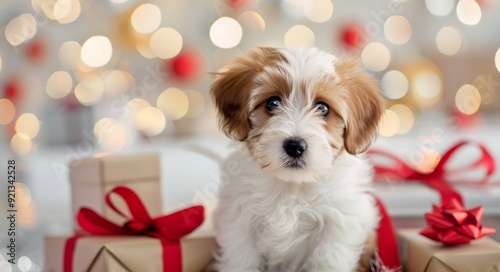 Adorable Puppy Surrounded by Holiday Gifts With Bokeh Background