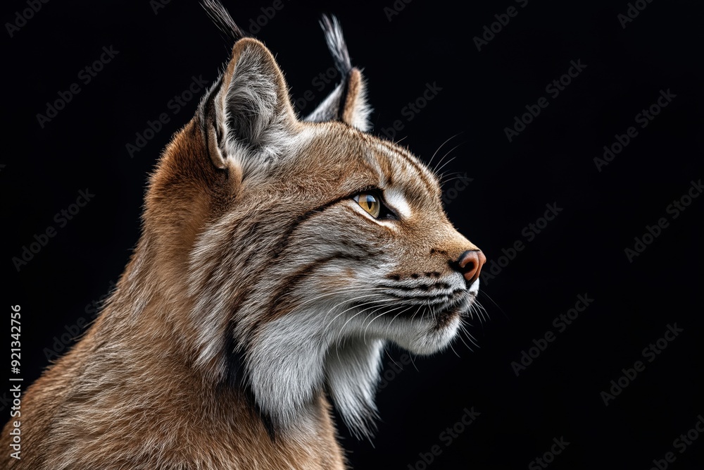 Fototapeta premium Photo of a lynx isolated against a black background, emphasising the lynx's majestic features. Wildlife and conservation concept, space for copy.