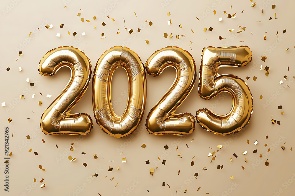 Festive Christmas background with red and silver balloons, numbers 2025 of golden foil balloons