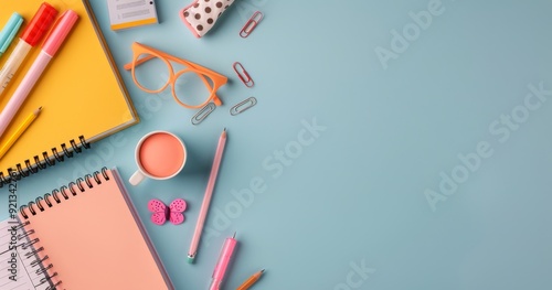 Colorful Stationery and School Supplies on a Light Blue Background