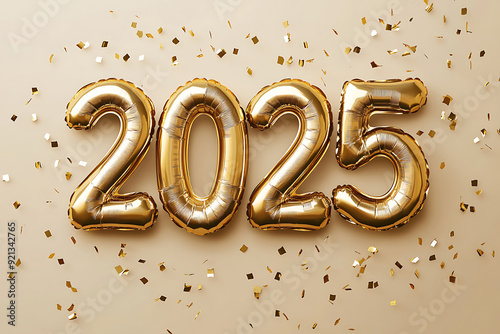 Festive Christmas background with red and silver balloons, numbers 2025 of golden foil balloons 