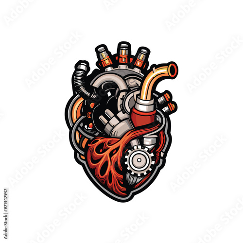 A detailed illustration of a mechanical heart, with intricate gears, pipes, and tubes, resembling a complex machine.